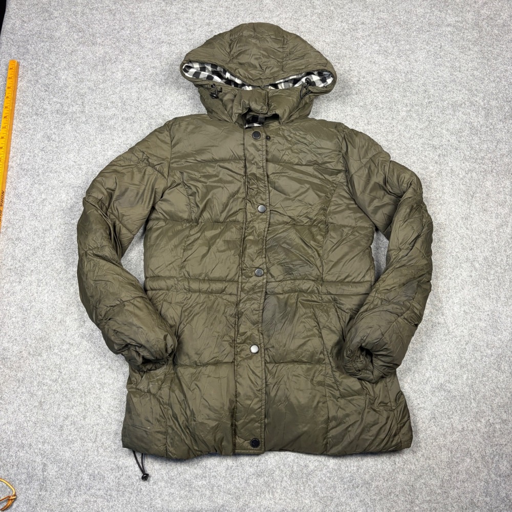 Lucky Brand Olive Green Puffer Jacket Plaid Lined Hooded Quilted Coat Small